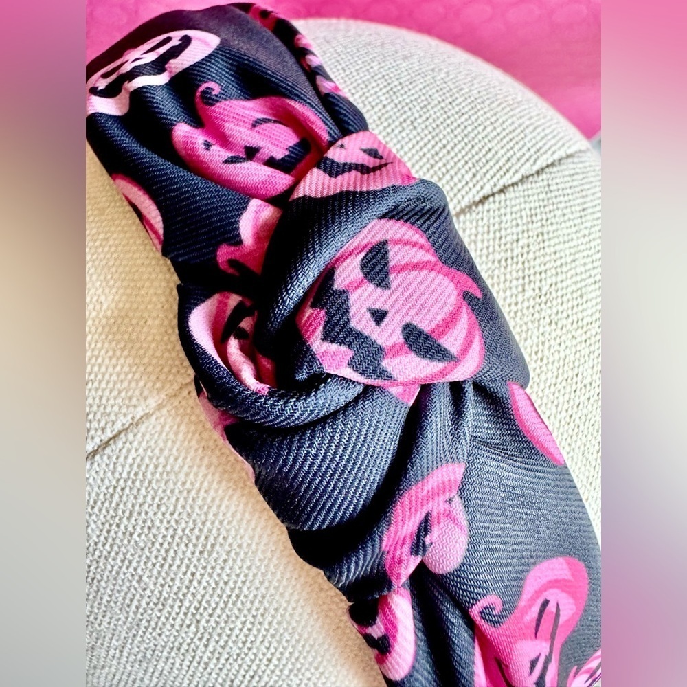 New Halloween Pink Pumpkins Adult Size Knotted Fabric Headband - Boo Basket Gift
